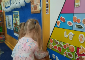 Dziewczynka uzupełnia piramidę zdrowego żywienia zamocowaną do tablicy.