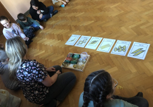 Dzieci siedzą na podłodze w kole, a przed nimi leżą ilustracje różnych makaronów.