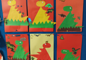 prace plastyczne dzieci z kolorowego papieru przedstawiające dinozaury