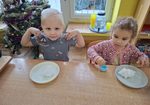 eksperymenty ze śniegiem, dzieci mają na talerzykach śnieg i różne akcesoria