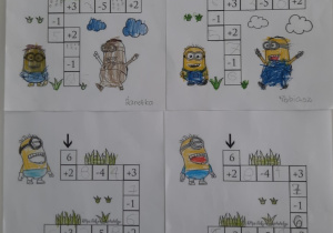 Karty pracy z Minionkami utrwalające umiejętność dodawania i odejmowania.