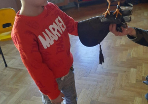 Chłopiec trzyma na dłoni zabezpieczonej rękawicą myszołowa Azira.