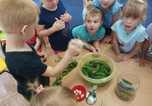 dzieci wkładają zielone ogórki do słoika