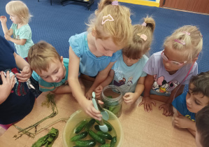 dzieci wkładają zielone ogórki do słoika
