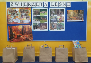 na podłodze w sali przedszkolnej stoi 5 papierowych torebek z nagrodami za prace plastyczne, w tle na tablicy widać plansze z leśnymi zwierzętami oraz napis "Zwierzęta leśne".
