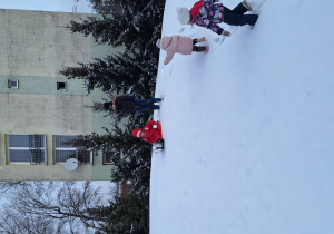 dzieci bawią się na śniegu na górce w ogródku przedszkolnym