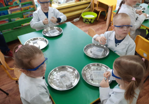 Dzieci siedzą przy stolikach i oglądają zgromadzone w pojemniku różne materiały.