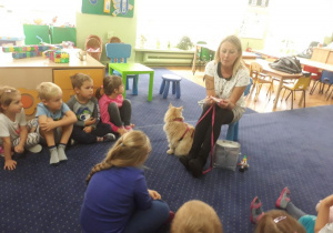 Opiekunka Iwana prezentuje dzieciom z grupy 3 akcesoria dla kota.