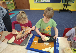 Dzieci szatkują kapustę.