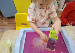 Dziewczynka ściera marchewkę.