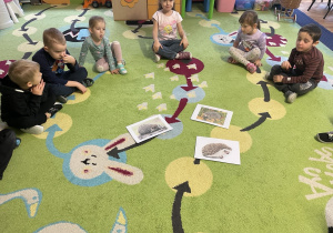 Dzieci siedzą na dywanie w kole i oglądają ilustracje jeże.