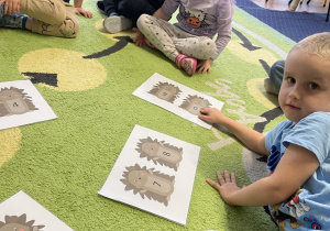 Dzieci siedzą na dywanie w kole i oglądają ilustracje jeże.