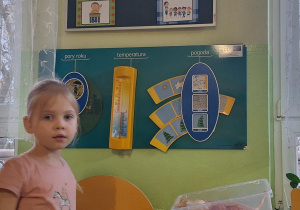 Dziewczynka stoi przy kalendarzu pogody.