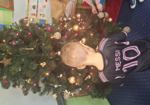 Chłopiec wiesza ozdoby na choince.