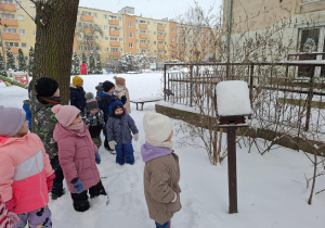 dzieci dokarmiają ptaki w ogródku przedszkolnym