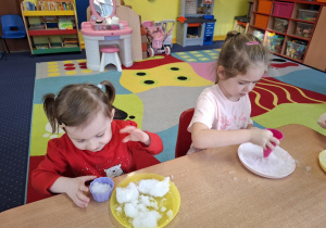 eksperymenty ze śniegiem, dzieci mają na talerzykach śnieg i różne akcesoria