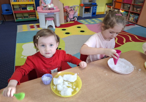 eksperymenty ze śniegiem, dzieci mają na talerzykach śnieg i różne akcesoria