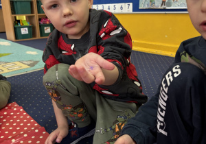 Dzieci siedzą na dywanie i badają kolorowy śnieg.