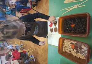 dzieci ubrane w brązowe fartuszki biorą udział w czekoladowych warsztatach, samodzielnie ozdabiają czekoladę w kształcie serca