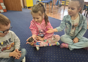 dzieci siedzą w kole na dywanie, podają sobie małego żółwia