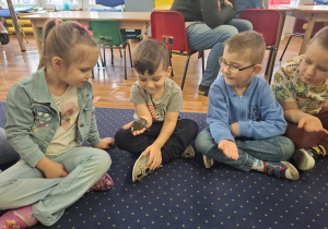 dzieci siedzą w kole na dywanie, podają sobie małego żółwia