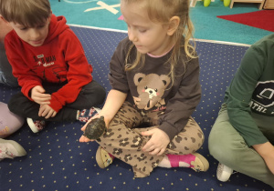 dzieci siedzą w kole na dywanie, podają sobie małego żółwia