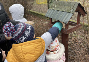 Dzieci dokarmiają ptaki w ogrodzie przedszkolnym.