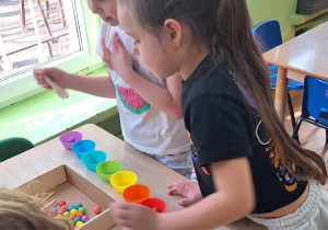 Dziewczynka segreguje kolorowe kuleczki przy stole.