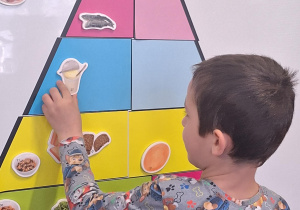 Chłopiec układa piramidę zdrowego żywienia.