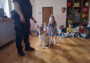 dziewczynka głaszcze psa w obecności strażnika miejskiego, na sali gimnastycznej w tle widać siedzące dzieci