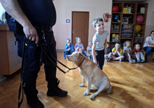chłopiec głaszcze psa w obecności strażnika miejskiego, na sali gimnastycznej w tle widać siedzące dzieci