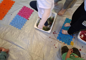 dzieci biorą udział w zajęciach sensorycznych, dotykają, chodzą, obserwują materiały przyrodnicze