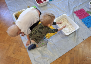 dzieci biorą udział w zajęciach sensorycznych, dotykają, chodzą, obserwują materiały przyrodnicze