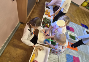 dzieci na sali gimnastycznej uczestniczą w zajęciach sensorycznych, używają wszystkich zmysłów