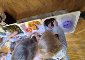 dzieci na sali gimnastycznej uczestniczą w zajęciach sensorycznych, używają wszystkich zmysłów