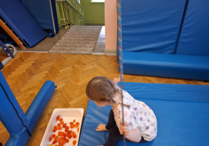 zajęcia sensoryczne na sali gimnastycznej, dzieci malują, dotykają stopami i dłońmi różnych faktur