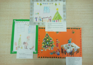 prace plastyczne- rysunki dzieci o tematyce świątecznej. Na kartce papieru znajdują się choinka, świąteczny stół, prezenty.
