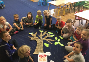 Dzieci siedzą w kole pośrodku leży rysunek wyciętego drzewo i listki na których wypisane sa słowa.