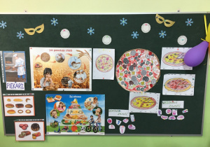 Tablica na której umieszczone są informacje związane z zawodem piekarza, "Jak powstaje chleb", piramda zdrowia i prace dzieci z narysowaną pizzą.