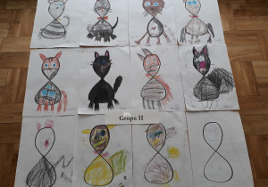 Prace plastyczne dzieci. Na kartonach znajdują się narysowane różne koty.