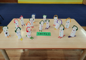 Na stoliku umieszczone prace plastyczne dzieci. Są to bałwanki wykonane z papieru.
