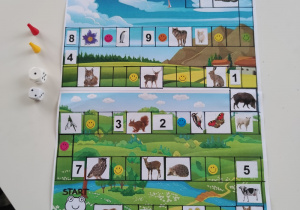 Gra planszowa wykonana na dużym kartonie. Na tle, którym jest gospodarstwo wiejskie, znajdują się pola ze zwierzętami wiejskiego.