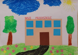praca plastyczna- na dużym kartonie wykonany z kolorowego papieru obrazek przedstawiający budynek przedszkola