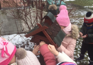 Dzieci wrzucają nasiona do karmnika.
