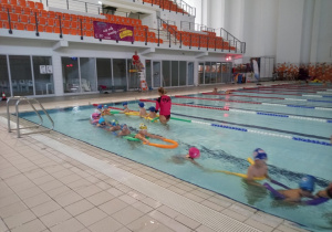 Dzieci w wodzie wraz z instruktorkami ustawiają się jeden za drugim.