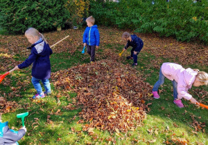 dzieci w ogródku przedszkolnym grabia liście