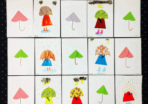 prace plastyczne przedstawiające dziecko idące pod parasolem