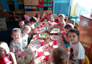 dzieci przy stolikach świętują urodziny.