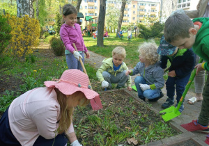 Dzieci przygotowują grządki pod zasiew roślin.