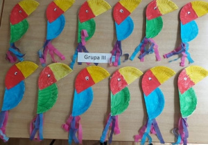 Papugi wykonane z talerzyka malowanego farbami i bibuły.